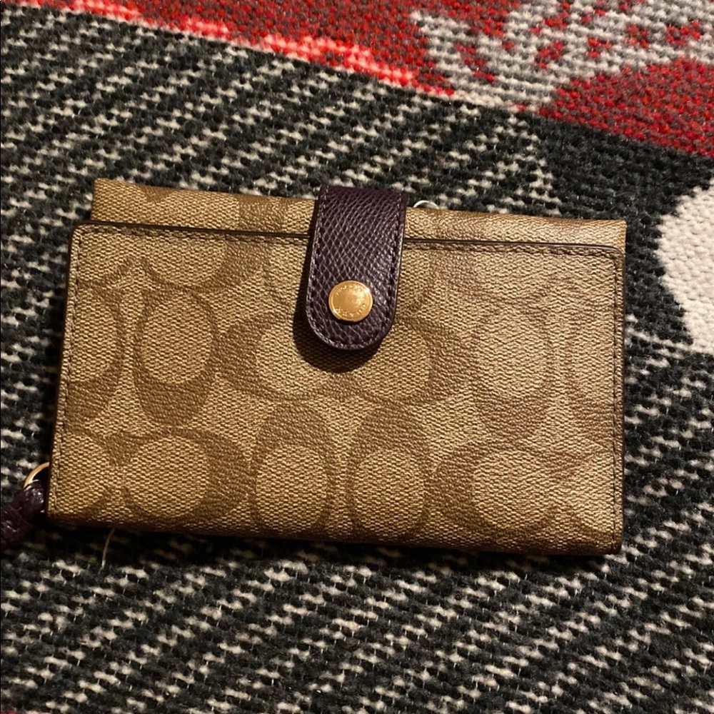 Brown C Signature & purple phone clutch